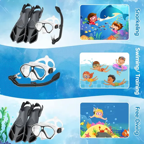 Miniatura 7 de Seovediary Juego de esnórquel para niños, máscara, aletas, equipo de esnórquel para niños, gafas de natación antiniebla con vista panorámica de 180