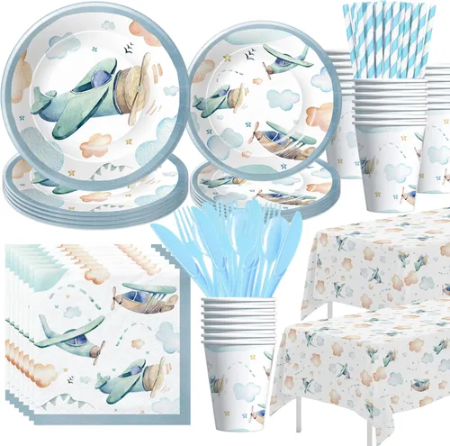 Decoración de fiesta de avión para cumpleaños, baby shower, suministros de fiesta de cumpleaños en avión, plato de papel, taza, servilleta, mantel,