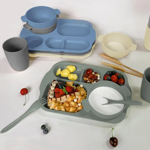 Miniatura 6 de shopwithgreen Juego de cubiertos de paja de trigo, 20 piezas de platos y cuencos divididos para niños pequeños, vajilla irrompible para microondas