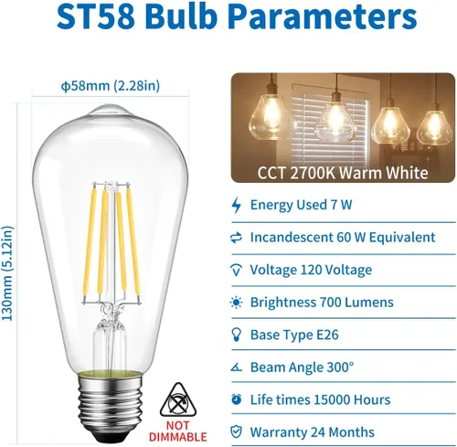 Miniatura 5 de ANWIO Bombillas LED Edison vintage, paquete de 3 unidades, 7 W, equivalente a 60 W, no regulables, ST58 2700 K, bombillas de filamento LED antiguo