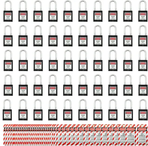 SAFBY 50 cerraduras de bloqueo con llave con 50 etiquetas de bloqueo, candados seguros Loto para estaciones y dispositivos de bloqueo (1-50 negro)