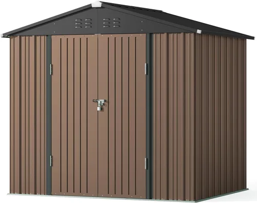 Miniatura 8 de Gizoon Cobertizo de almacenamiento para exteriores de 8 x 6 pies, cobertizo de jardín de metal galvanizado con puertas dobles con cerradura, Marrón