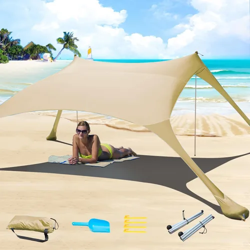Miniatura 10 de Tienda de campaña de playa de 77 pies con protección UV UPF50+, toldo al aire libre con 2 postes para camping, pesca, patio trasero y pícnics