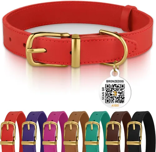 Miniatura 13 de BRONZEDOG Collar de cuero para perro con etiqueta de identificación QR, collares básicos para mascotas pequeños mini, gatos, cachorros
