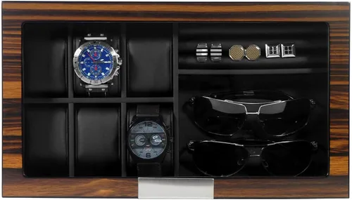Miniatura 8 de Lifomenz Co Caja de joyería de reloj para hombre con 6 ranuras, 6 fundas de reloj, 8 pares de gemelos y lentes de sol, organizador grande de madera