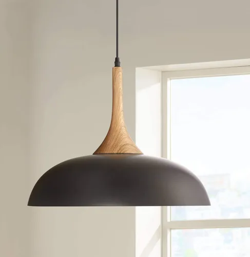 Miniatura 10 de Possini Euro Design Felton - Mini lámpara colgante negra de 12 pulgadas de ancho con detalle de madera rústica para comedor, sala de estar, hogar