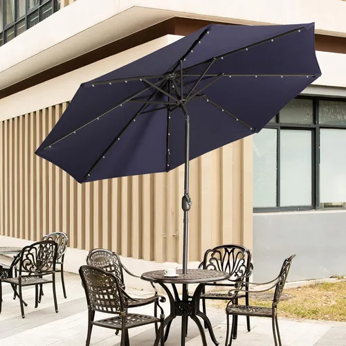 Miniatura 11 de Clihome Sombrilla solar de 9 pies para patio, 32 luces LED, sombrilla solar para patio al aire libre con botón de inclinación y manivela para patio