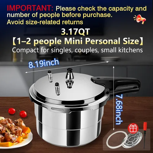 Miniatura 2 de Olla a presión pequeña de aluminio de 3.18 cuartos de galón, olla de presión, compatible con todas las estufas de inducción, mini olla a presión