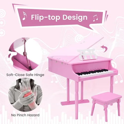 Miniatura 3 de Costzon Piano clásico para niños, piano de cola de madera de 30 teclas con soporte de música y banco, mini juguete musical para niños, ideal