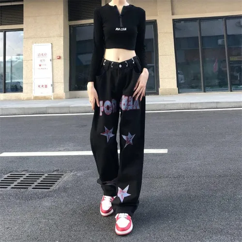 Miniatura 4 de CYee Jeans de cintura alta para mujer, pantalones altos con estampado de estrellas, pantalones Grunge, pantalones holgados y estéticos para la calle