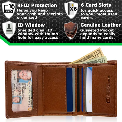 Miniatura 2 de Billetera triple con bloqueo RFID para hombre, piel auténtica de búfalo, marrón, (Antiqued Brown), Cartera RFID