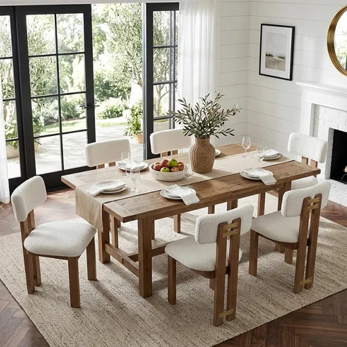 Miniatura 12 de HNY Juego de 4 sillas de comedor modernas de lino, tapizadas de tela beige, con marco de madera natural y respaldo curvado, sillas de madera sin