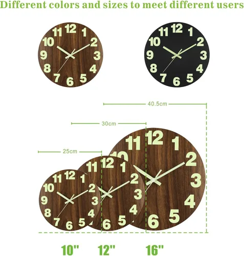 Miniatura 7 de Plumeet Reloj de pared con luz nocturna, reloj de madera de 10 pulgadas que brilla en la oscuridad para dormitorio, pequeño reloj de pared iluminado