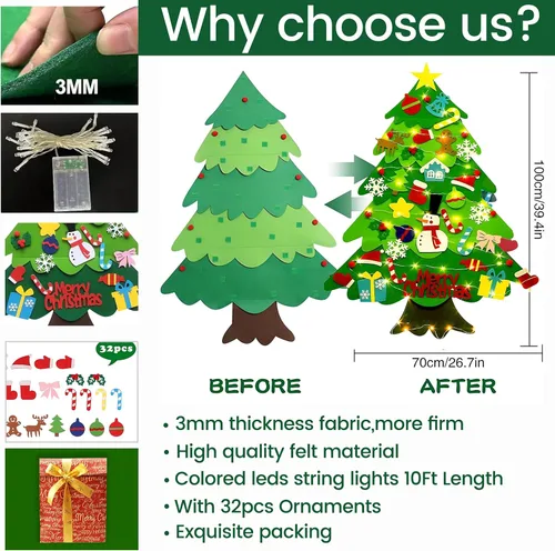 Miniatura 2 de LNV Juego de árbol de Navidad de fieltro con 32 adornos de Navidad y embalaje exquisito, regalos de Navidad para niños, decoración de Navidad