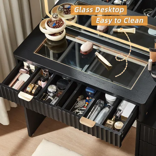 Miniatura 2 de LEYAOYAO Escritorio de tocador con espejo y luces, tocador de maquillaje acanalado de 43.5 pulgadas con 6 cajones y estantes ajustables, tocador