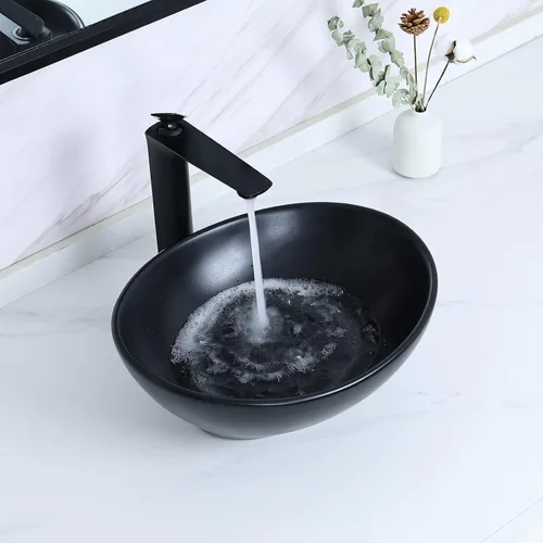 Miniatura 9 de Davivy Fregadero ovalado negro mate de 15.7 x 13 pulgadas con drenaje desplegable, fregaderos de baño sobre encimera, fregaderos de baño, fregaderos