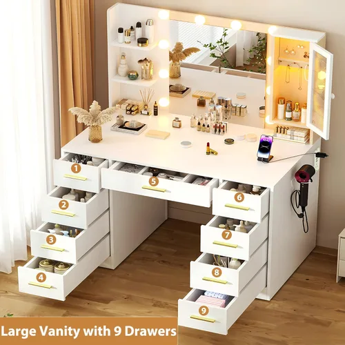 Miniatura 3 de ERLEJIA Escritorio de tocador con espejo y luces, escritorio grande de maquillaje blanco de 43 pulgadas con 9 cajones y toma de corriente, 3