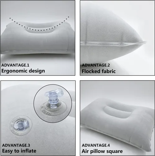 Miniatura 5 de 3 almohadas inflables ultraligeras grises pequeñas cuadradas de tela flocada para senderismo, camping, viajes, siestas, playa, reposo de escritorio