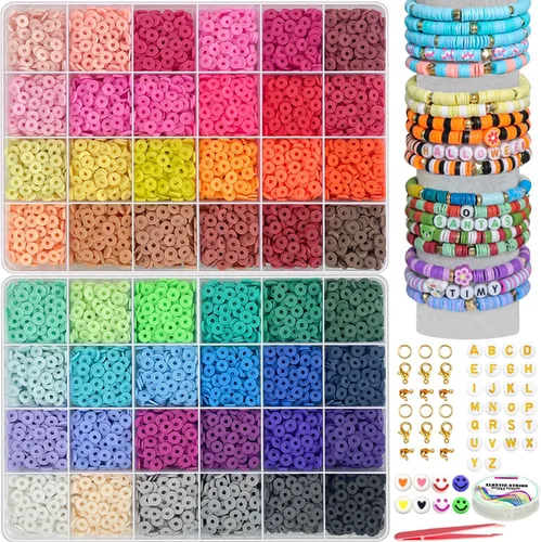 Miniatura 11 de YMSDZHL Kit de Fabricación de Pulseras con Más de 6000 Cuentas de Arcilla, 24 Colores de Cuentas Planas DIY Preppy para Hacer Joyas de Amistad