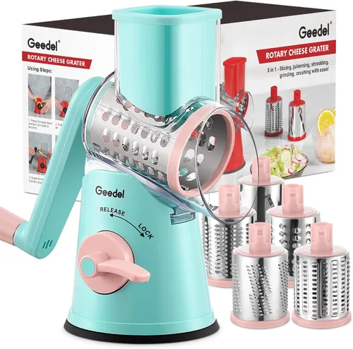 Miniatura 19 de Rallador de queso giratorio Geedel con 3 cuchillas intercambiables, rallador de mandolina de cocina para verduras, frutas, nueces, fácil de limpiar
