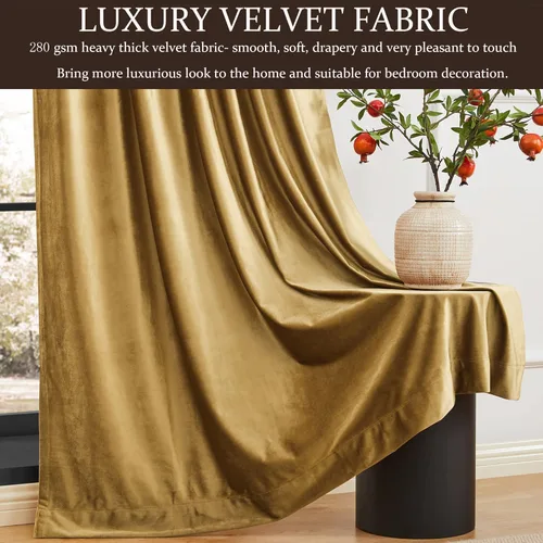Miniatura 4 de Cortinas opacas de terciopelo dorado de 108 pulgadas para sala de estar, totalmente opacas, elegantes, 2 paneles con pestaña trasera, aislamiento