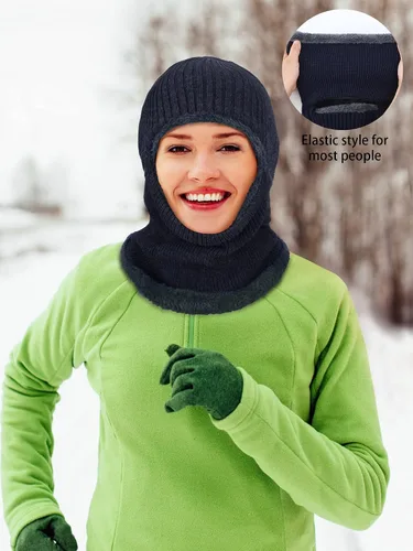 Miniatura 19 de Pasamontañas de punto calentador resistente al viento sombrero que cubre la cara para hombres mujeres forro polar deportes al aire libre