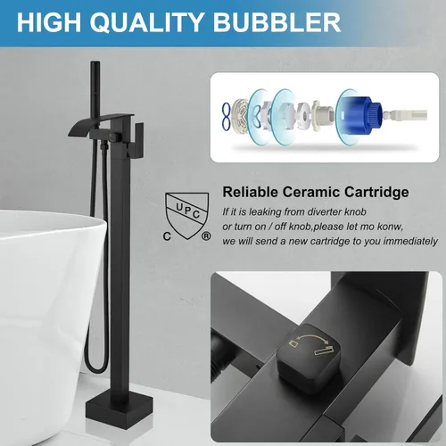 Miniatura 4 de RUMOSE Grifo Llenador de Bañera Independiente Grifo de Bañera Negro Mate Montaje en Piso Grifo de Bañera Cascada Independiente Llenador de Bañera