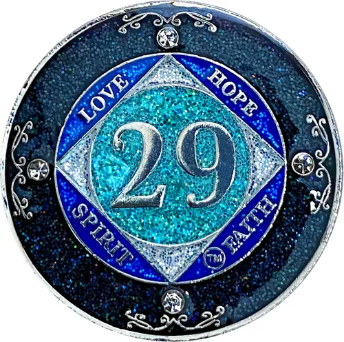 Miniatura 16 de NA 1 año de cristales y medallón de purpurina, moneda chapada en color plateado, arco iris negro, purpurina azul y cuatro cristales transparentes