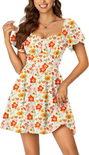 Miniatura 22 de Rooscier Minivestido acampanado de manga corta con volantes, cuello cuadrado, envolvente y espalda anudada para mujer