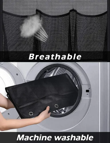 Miniatura 5 de KIMBORA Organizador de ducha de malla para colgar en el baño, con 2 bolsillos grandes, 3 anillos, barra de cortina colgante para dormitorio, Negro