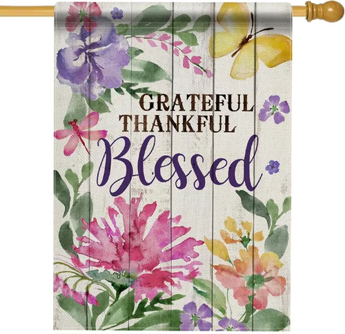 Miniatura 10 de Hzppyz Grateful Thankful Blessed - Bandera de jardín de Acción de Gracias, pequeña bandera decorativa para exteriores, arpillera rústica, bandera