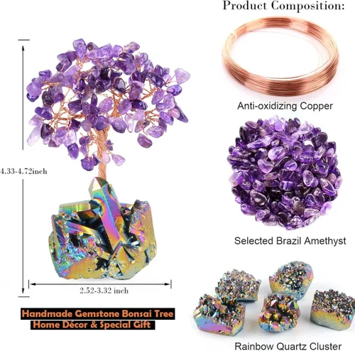 Miniatura 3 de Decoración de amatista natural, árbol de la vida, de cuarzo, arco iris, base de tatinio, cristales curativos, bonsái de Feng Shui, árbol de dinero