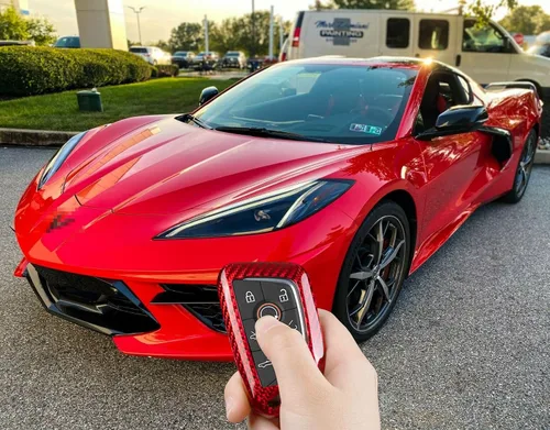 Miniatura 4 de iJDMTOY Funda para llavero de fibra de carbono color rojo brillante, compatible con Chevrolet 2020 en adelante C8 Corvette Stingray Smart Key