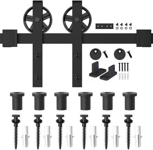 Miniatura 6 de WINSOON Kit de herrajes para puerta corredera de granero de madera individual de 5-16 pies, negro básico, rueda de radios grandes, kit de rodillos