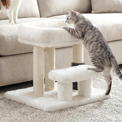Miniatura 8 de Heybly Poste rascador para gatos, torre de árbol pequeño para gatos con 3 postes de sisal completos, cama de felpa extraíble, cepillo de aseo