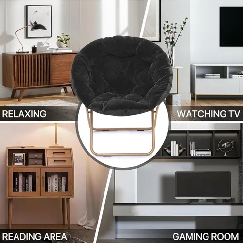 Miniatura 10 de MoNiBloom Silla redonda plegable de piel sintética para dormitorio, sala de estar, dormitorio, marco de metal plegable, de gran tamaño, cómoda, Negro