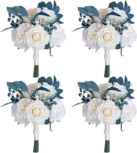 Miniatura 9 de MOJUN Juego de ramo de dama de honor, ramillete de muñeca, para novio, flores de boda de rosas artificiales para ceremonia de boda, aniversario