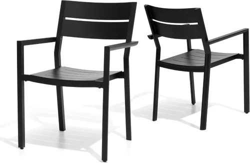 Miniatura 29 de Pellebant Juego de 2 sillas de comedor apilables para exteriores, sillas de patio de aluminio con brazos, para todo tipo de clima, para jardín, Negro
