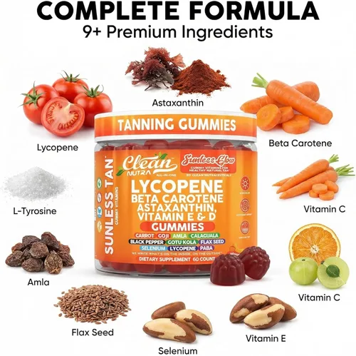 Miniatura 4 de Gomas bronceadoras de licopeno y betacaroteno sin sol, con astaxantina, vitamina C, D, E, semilla de lino, selenio, amla, tirosina, PABA, pimienta