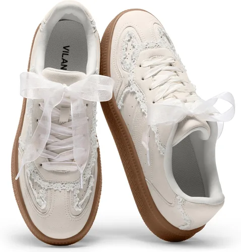 Miniatura 8 de Vilanva Zapatillas de moda con detalle de encaje para mujer, zapatillas casuales cómodas de vestir con suela de goma retro, calzado de moda