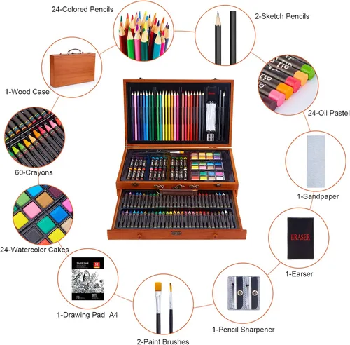 Miniatura 3 de AGPTEK Juego de arte de 141 piezas, kit de suministros de arte de lujo con crayones, lápices de colores, lápices de bocetos, pinceles de pintura
