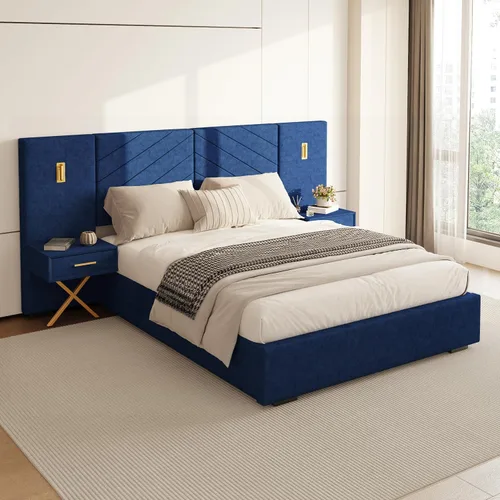 Miniatura 16 de DEINPPA Base de cama Queen de lujo con luces LED doradas integradas y mesitas de noche, cama de plataforma tamaño Queen con cabecera tapizada