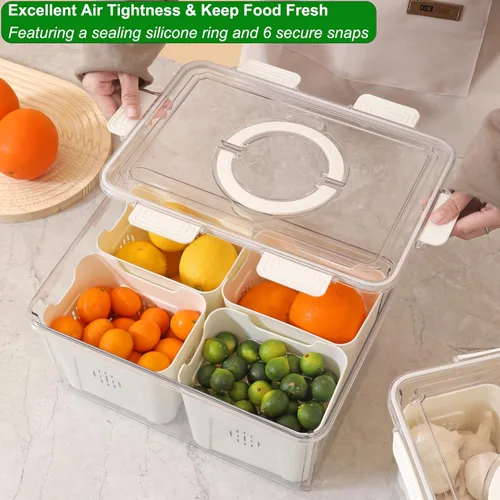 Miniatura 3 de Taiuloo Contenedores herméticos para almacenamiento de frutas en refrigerador con tapa y asa, caja de snacks sin BPA con 4 coladores removibles