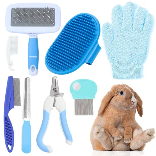 VCZONE Juego de aseo para animales pequeños: cortaúñas y lima para mascotas, peine para pulgas, cepillo para champú, cepillo para desprendimiento,