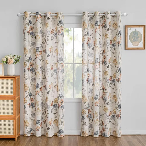 Miniatura 2 de MYSKY HOME Juego de 2 paneles de cortinas florales de lino de 84 pulgadas de largo, semitraslúcidas, filtrantes de luz, cortinas con ojales