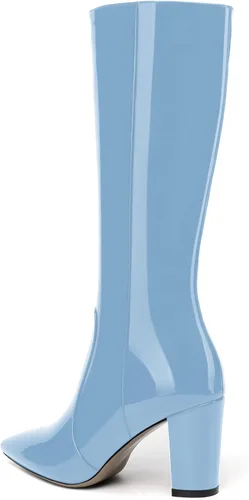 Miniatura 98 de AMBELIGHT Botas altas hasta la rodilla con cremallera y puntera puntiaguda para mujer, de patente sólida, tacón alto, 3.3 pulgadas