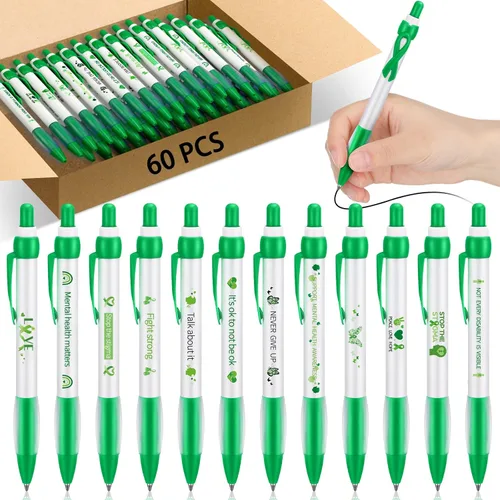 Ctosree Bolígrafos de concientización sobre la salud mental, regalos a granel de 12 estilos de cinta verde, bolígrafos de gel retráctiles, tinta