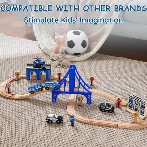 Miniatura 4 de SainSmart Jr. Juego de tren de madera – Juego interactivo de policía para niños Juguete de construcción con tren, figuras y accesorios