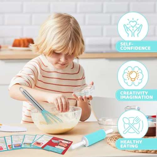 Miniatura 4 de Juegos de cocina para niños, juego de cocina y hornear con estuche de almacenamiento, cuchillos seguros para niños, tabla de cortar, delantal, libro