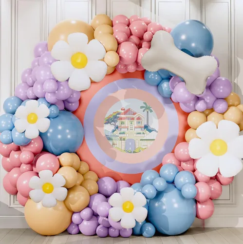 Miniatura 9 de Kit de arco de globos azules TODO EN 1 con globos BONUS de hueso y margarita para decoración de cumpleaños de niña - Guirnalda de globos pastel